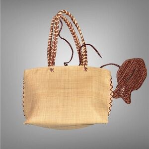 Liz Claiborne Woven Straw medium Tote Bag with Brown Accents